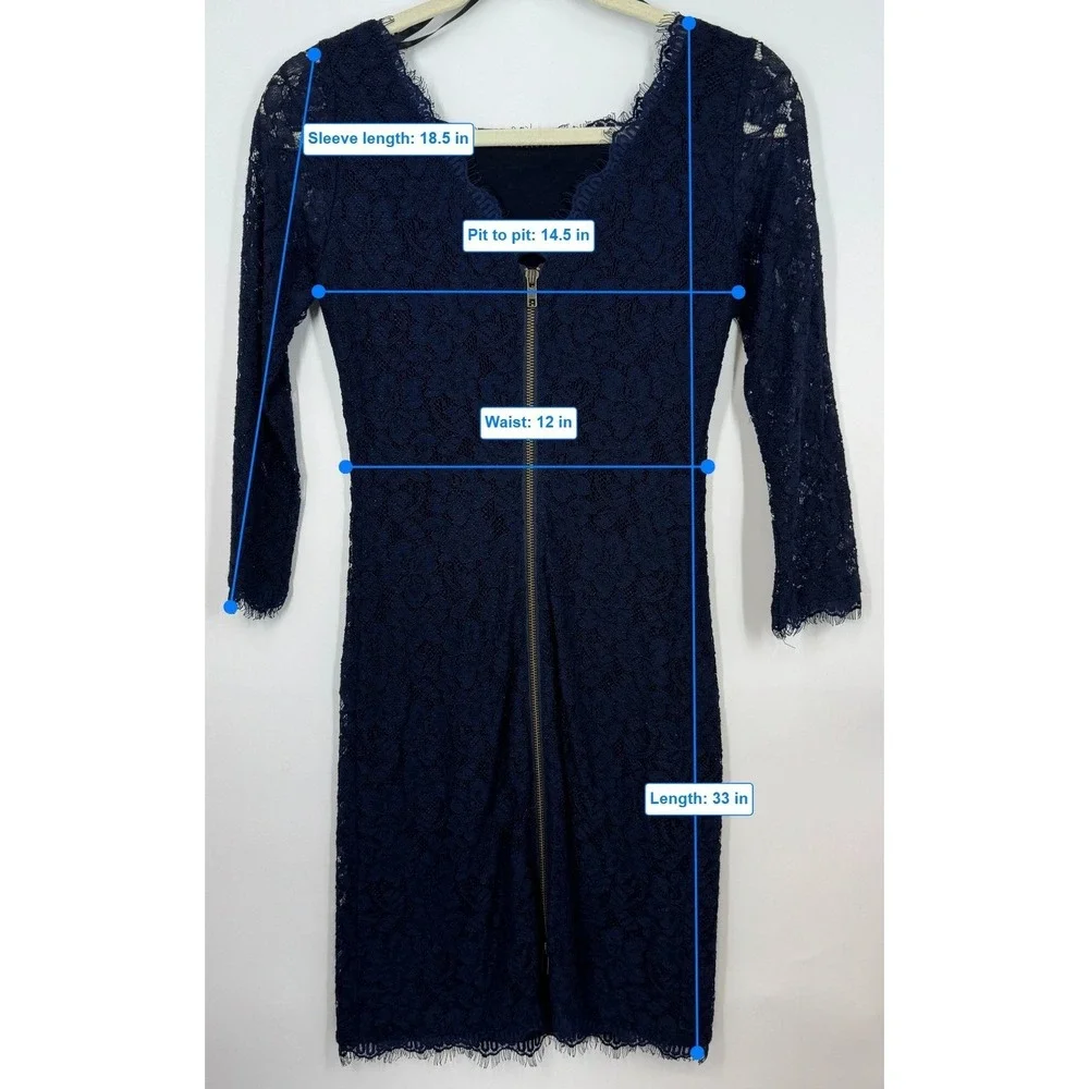 Diane von Furstenberg Navy Lace Sheath Sheer Dress Zipper Front‎ Size 2 Business - Picture 10 of 10